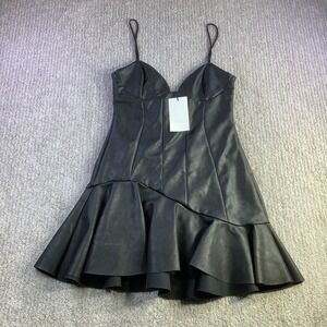 Zara Black Faux Leather Bustier Mini Dress Ruffle Hem Spaghetti Strap Size L NWT